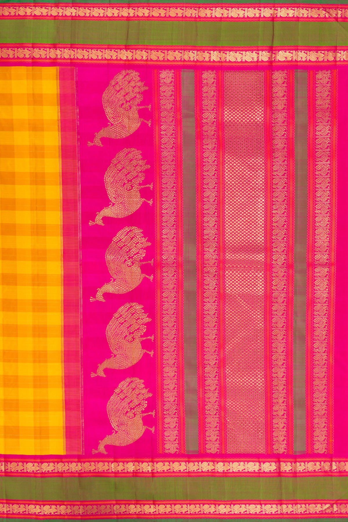 Close up image of the pallu of Pure Silk Pure Zari Yellow Kanjivaram Saree with Checked design on the body and Zari Border. 