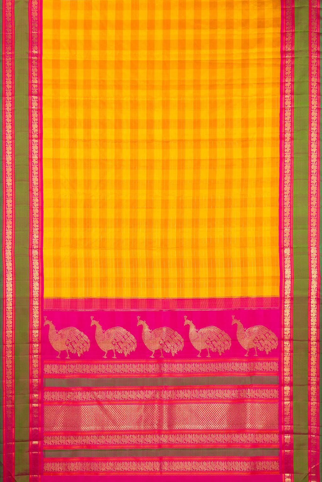 Flat view of Pure Silk Pure Zari Yellow Kanjivaram Saree with Checked design on the body and Zari Border. 