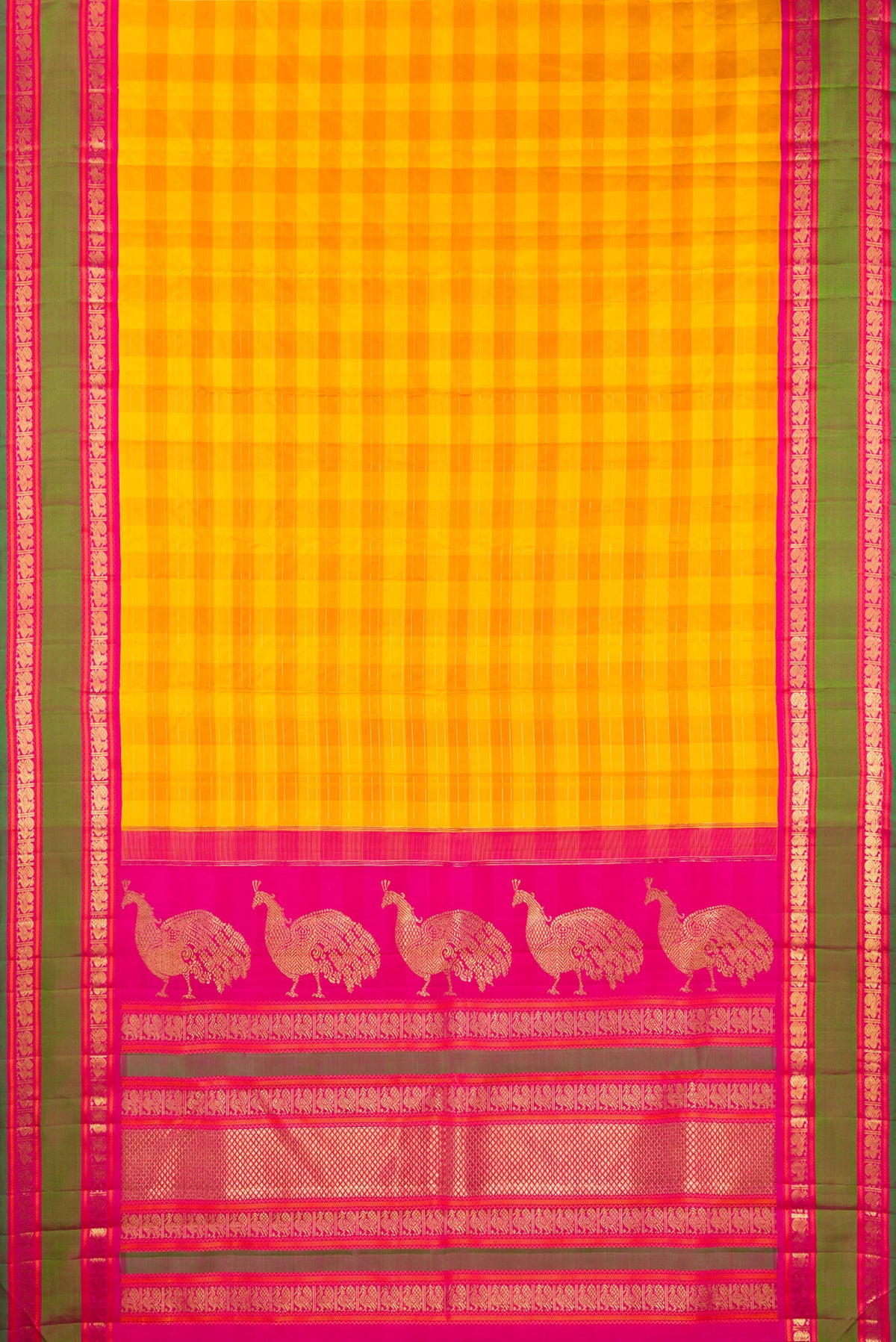 Flat view of Pure Silk Pure Zari Yellow Kanjivaram Saree with Checked design on the body and Zari Border. 