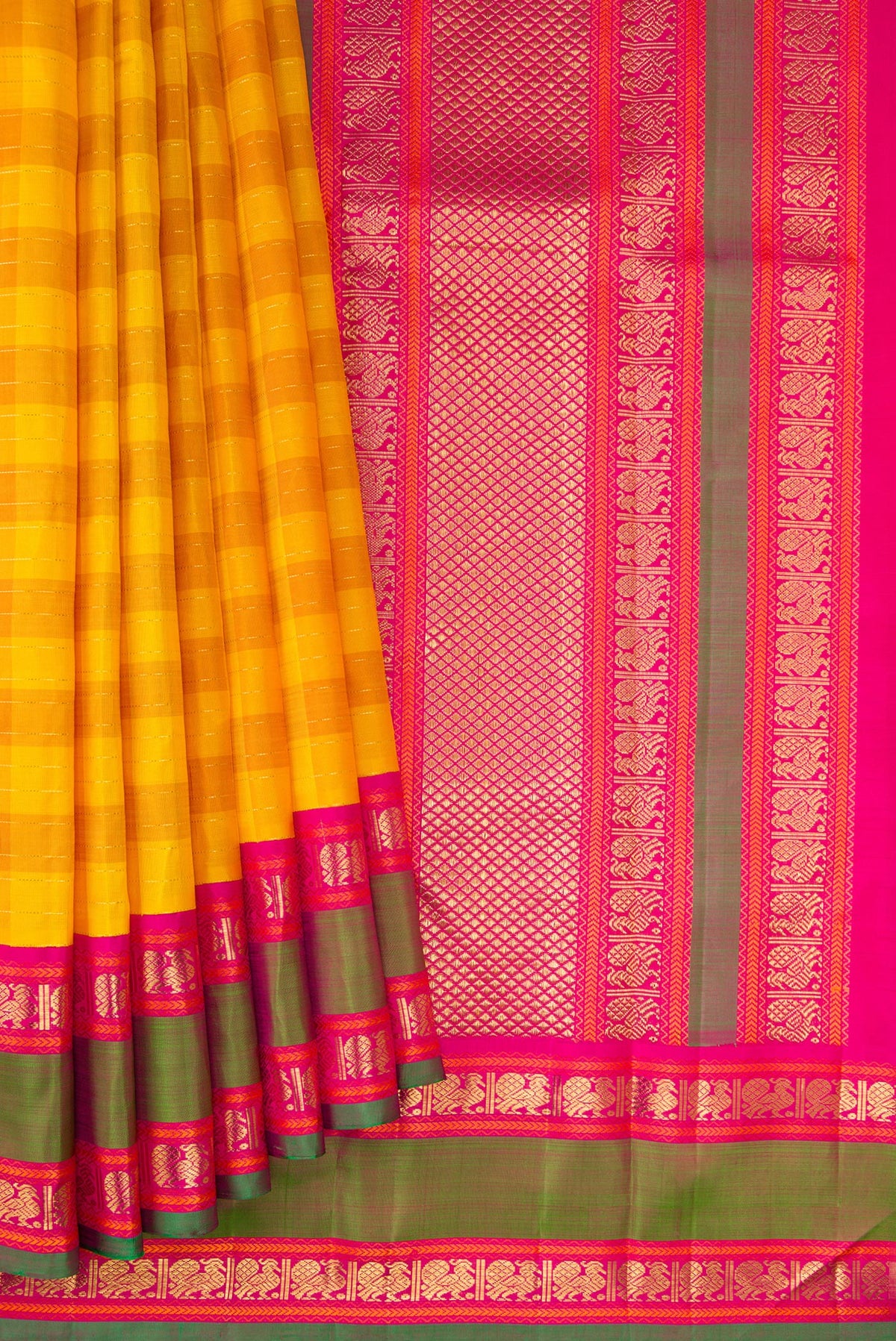 Pleats and pallu of Pure Silk Pure Zari Yellow Kanjivaram Saree with Checked design on the body and Zari Border. 