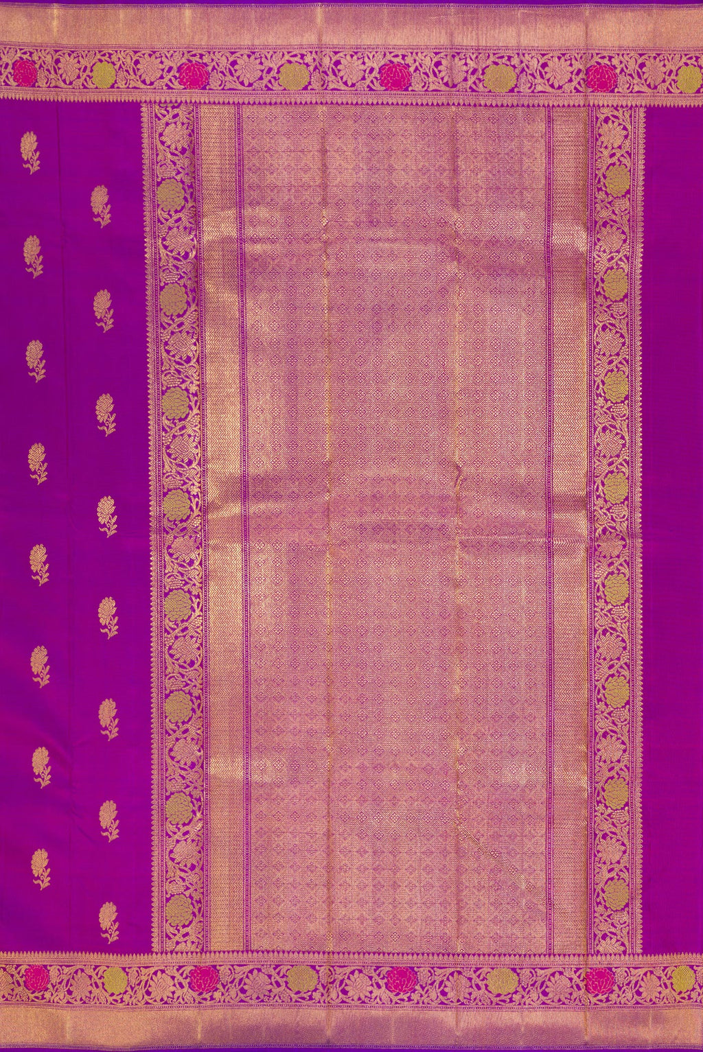 Close up image of the pallu of Pure Silk Pure Zari Purple Kanjivaram Saree with Zari Butta on the body and Fancy Border. 