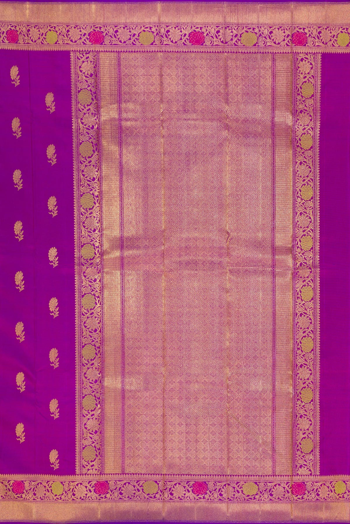 Close up image of the pallu of Pure Silk Pure Zari Purple Kanjivaram Saree with Zari Butta on the body and Fancy Border. 