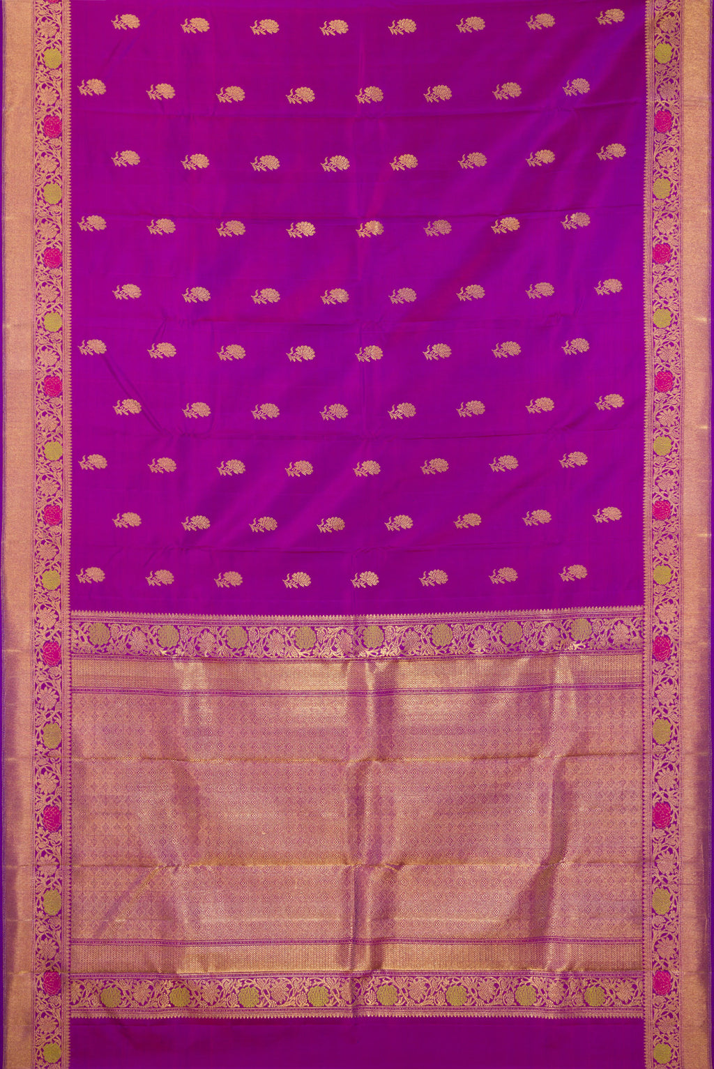 Flat view of Pure Silk Pure Zari Purple Kanjivaram Saree with Zari Butta on the body and Fancy Border. 