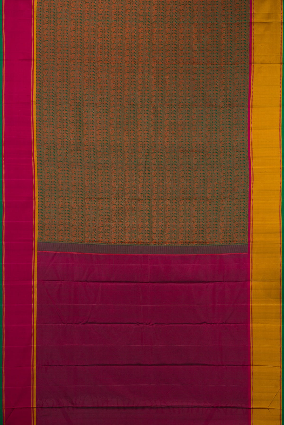 Flat view of Pure Silk Green Kanjivaram Saree with Jacquard design on the body and Ganga Jamuna Border. 