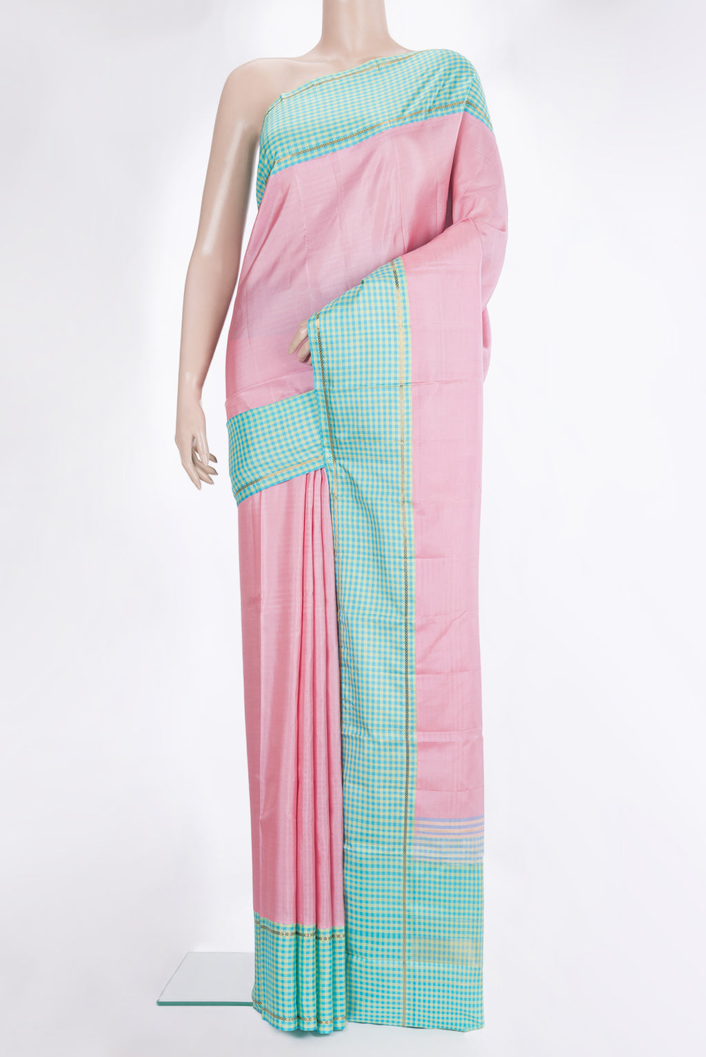 Pure Silk Rose pink Dual Tone Kanjivaram Saree with Plain Body and Checks Border.  displayed on a mannequin