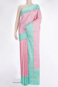 Pure Silk Rose pink Dual Tone Kanjivaram Saree with Plain Body and Checks Border.  displayed on a mannequin