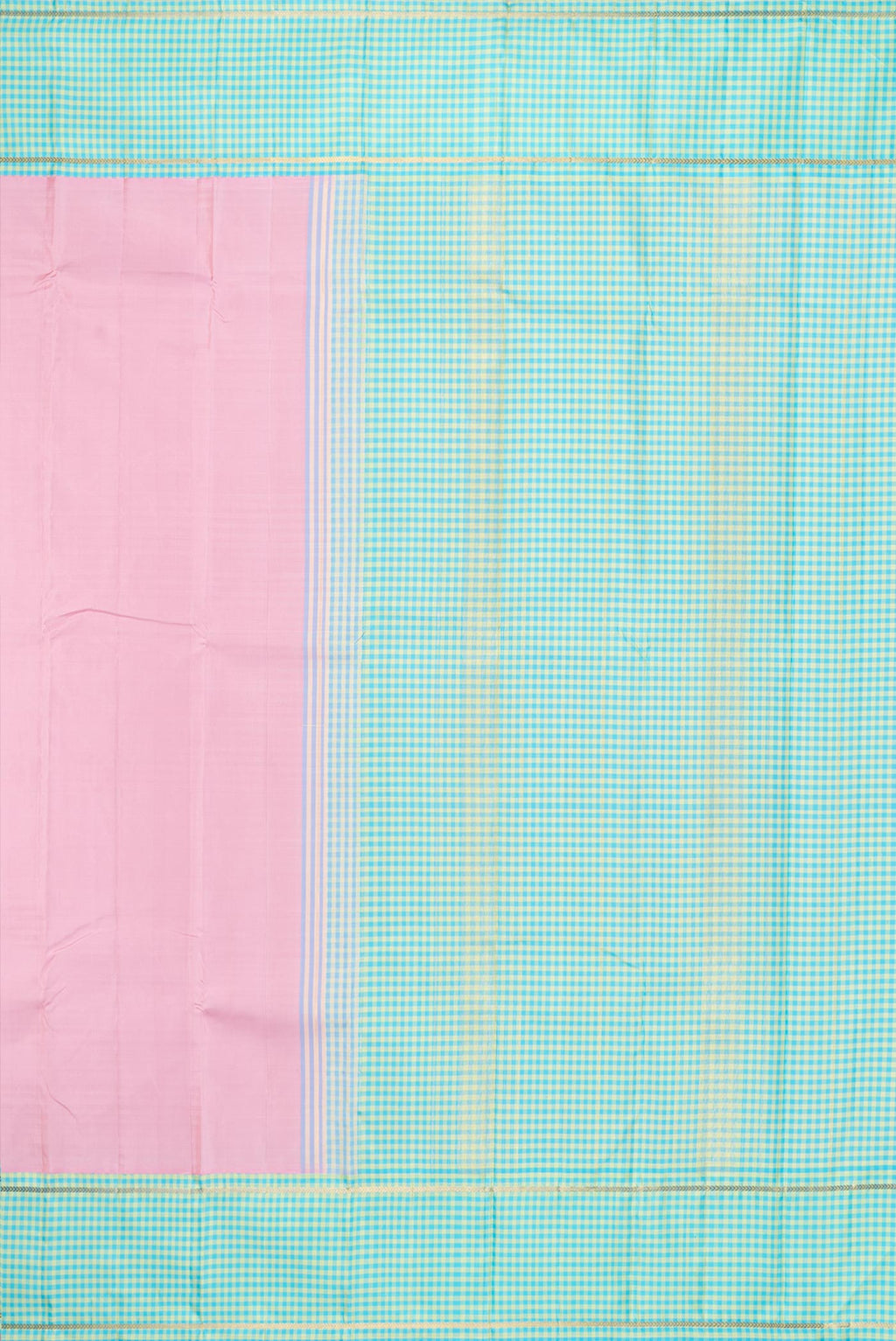 Close up image of the pallu of Pure Silk Rose pink Dual Tone Kanjivaram Saree with Plain Body and Checks Border. 