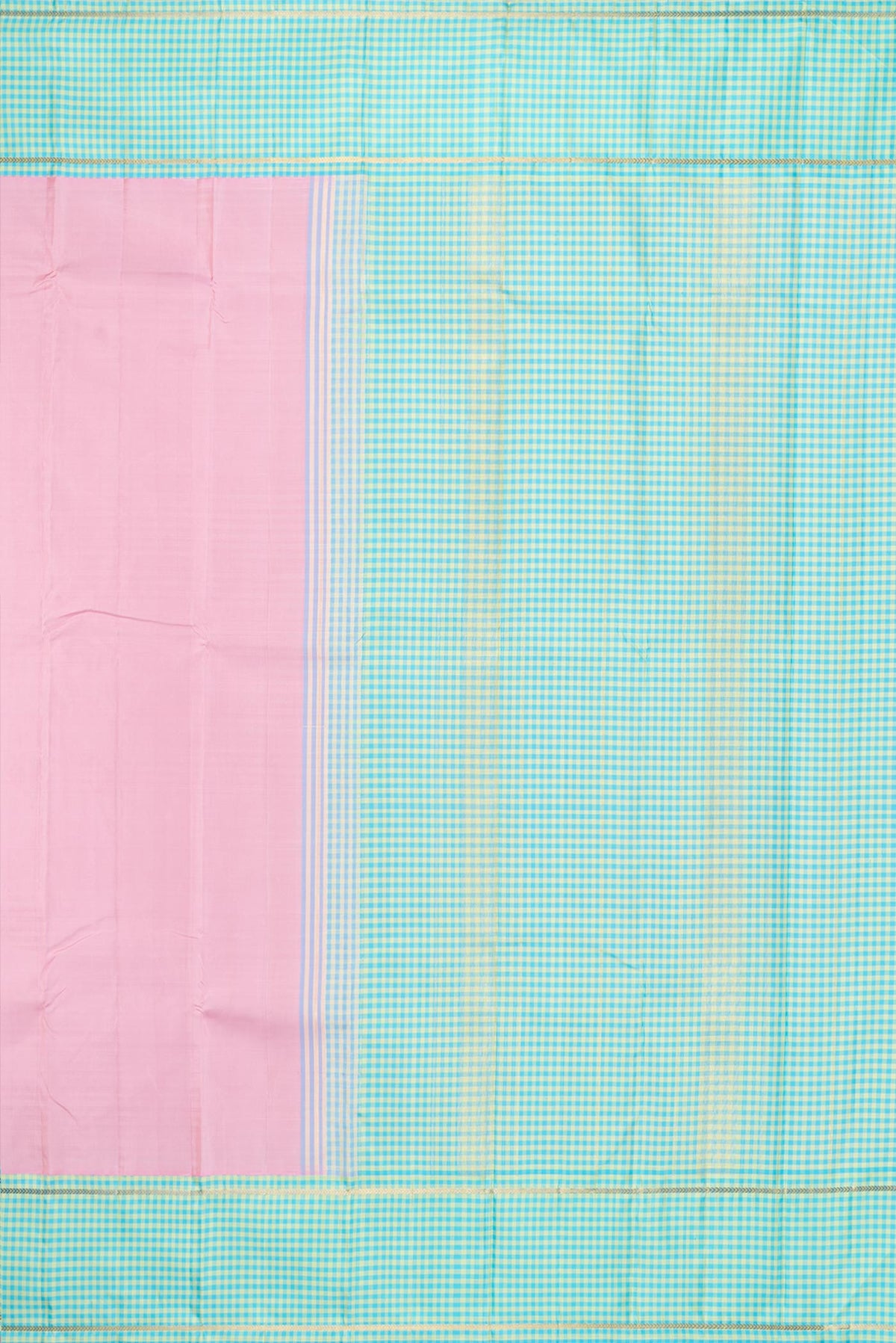 Close up image of the pallu of Pure Silk Rose pink Dual Tone Kanjivaram Saree with Plain Body and Checks Border. 