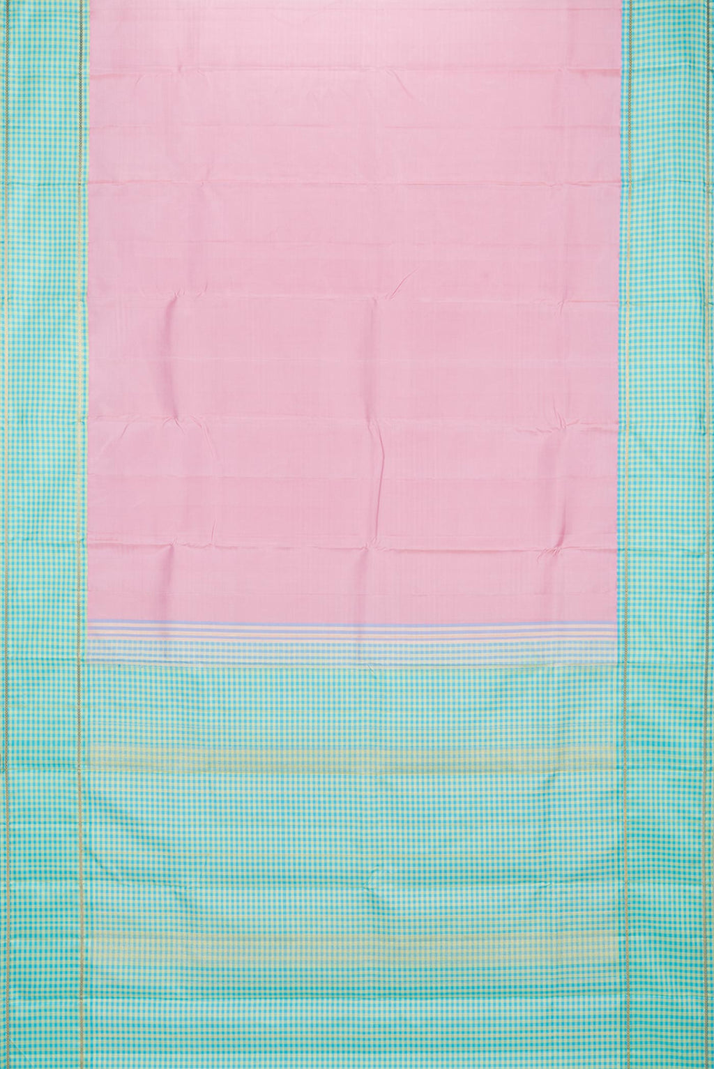Flat view of Pure Silk Rose pink Dual Tone Kanjivaram Saree with Plain Body and Checks Border. 