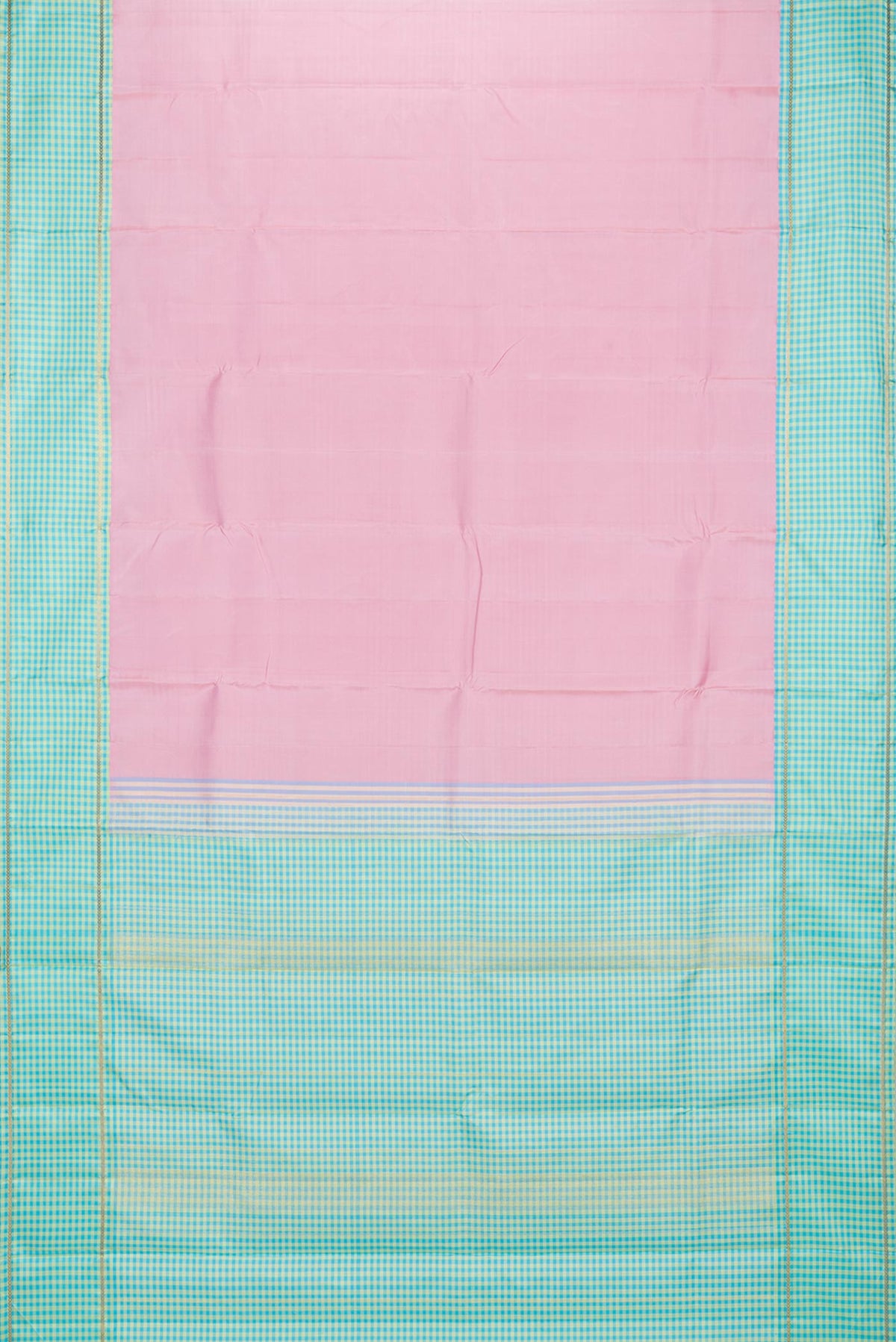 Flat view of Pure Silk Rose pink Dual Tone Kanjivaram Saree with Plain Body and Checks Border. 