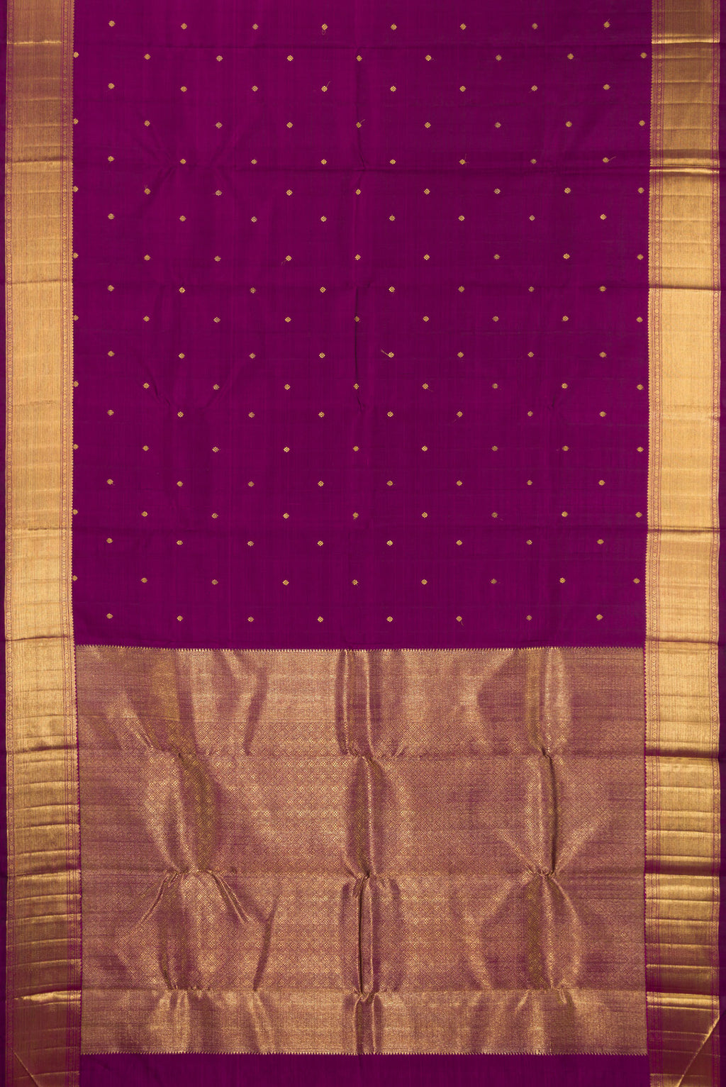 Flat view of Pure Silk Pure Zari Magenta Kanjivaram Saree with Zari Butta on the body and Zari Border. 