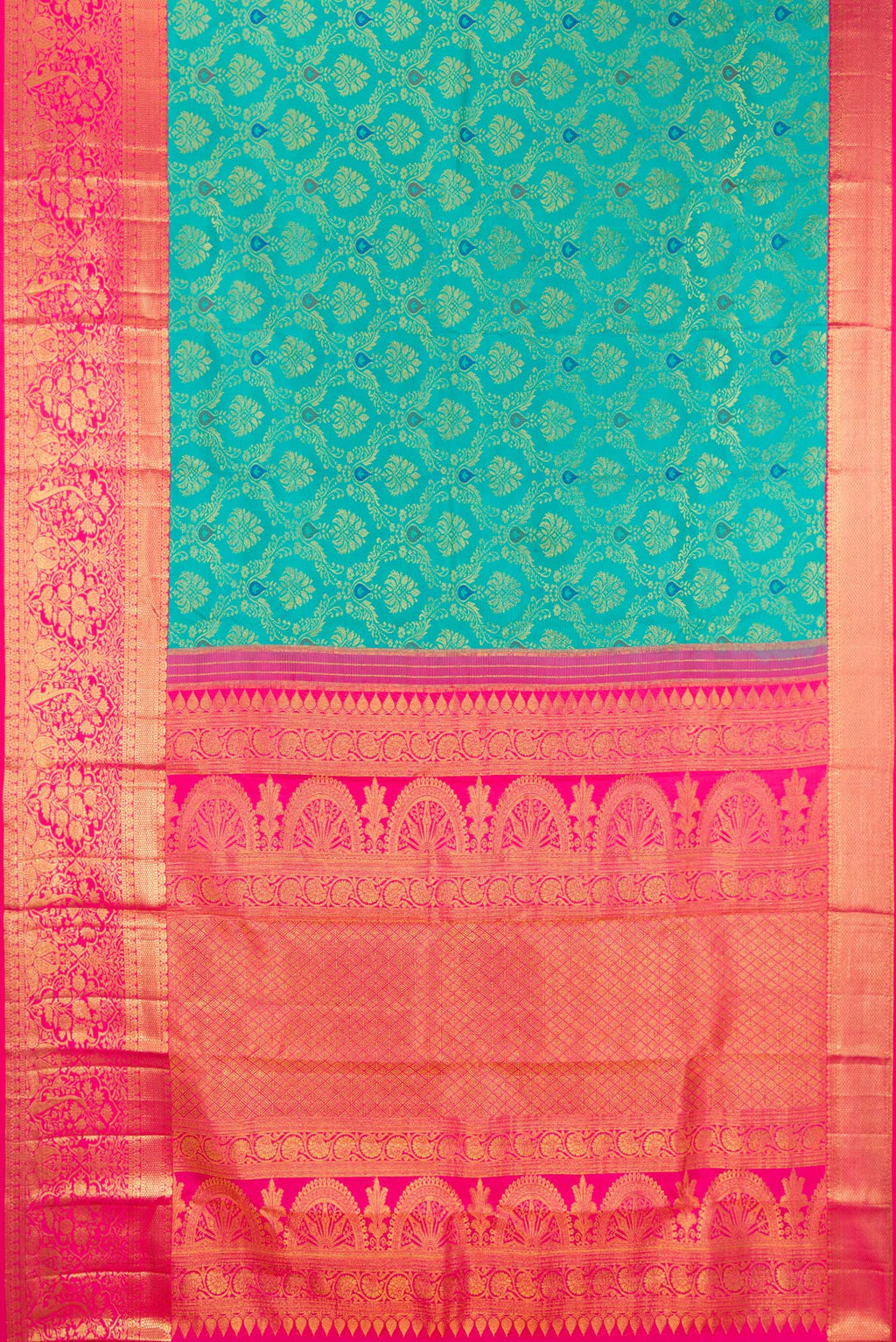Flat view of Pure Silk Blue Kanjivaram Saree with Zari Brocade on the body and Zari Border. 