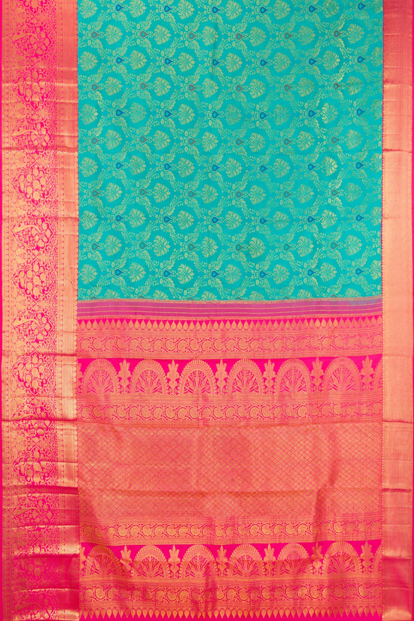Flat view of Pure Silk Blue Kanjivaram Saree with Zari Brocade on the body and Zari Border. 