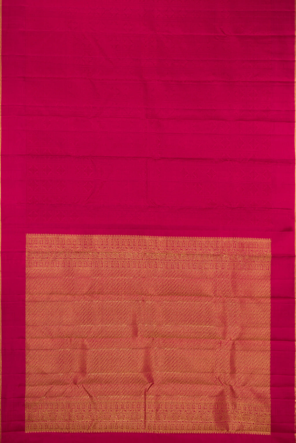 Flat view of Pure Silk Pure Zari Maroon Kanjivaram Saree with Jacquard design on the body and Thin Zari Line. 