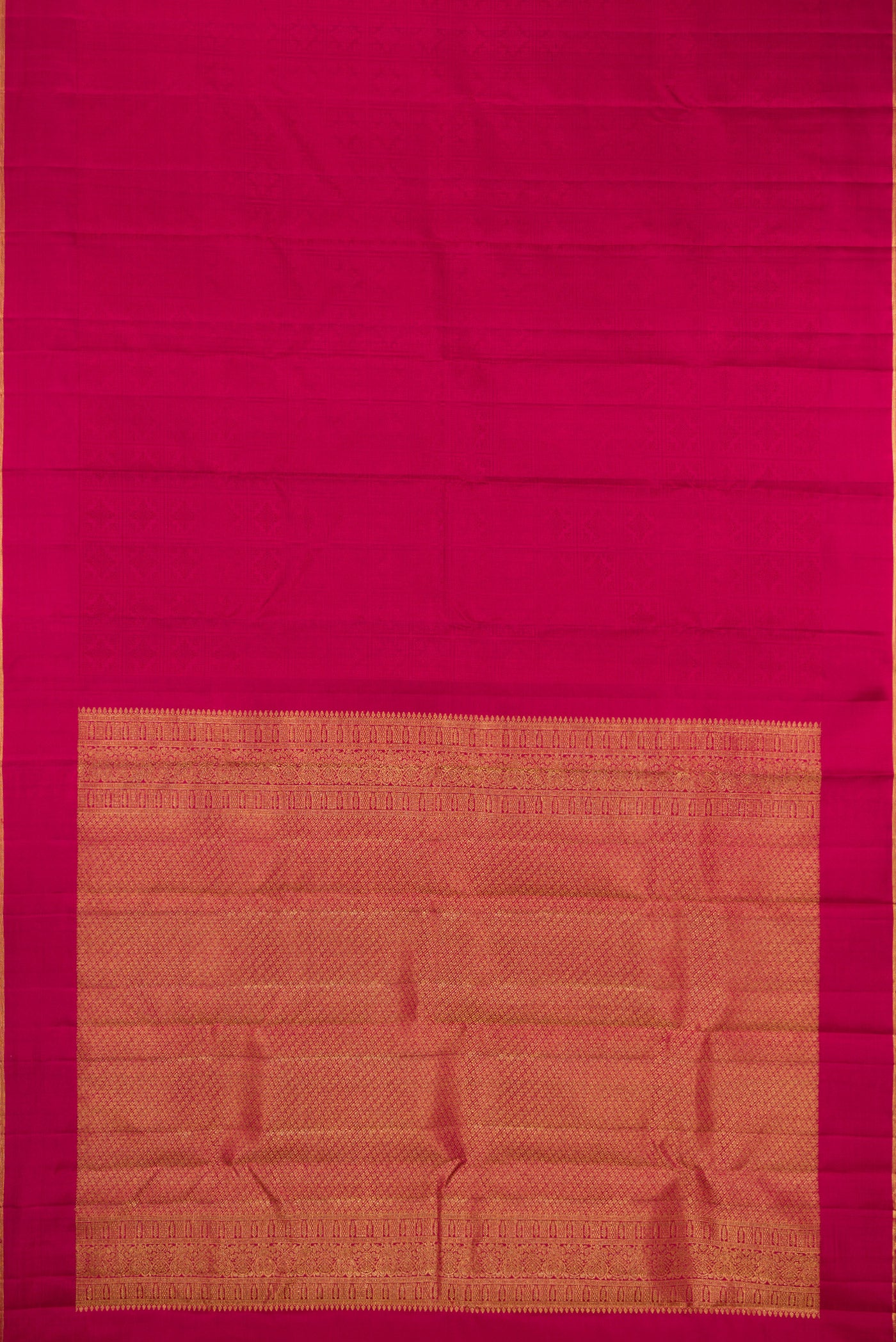 Flat view of Pure Silk Pure Zari Maroon Kanjivaram Saree with Jacquard design on the body and Thin Zari Line. 