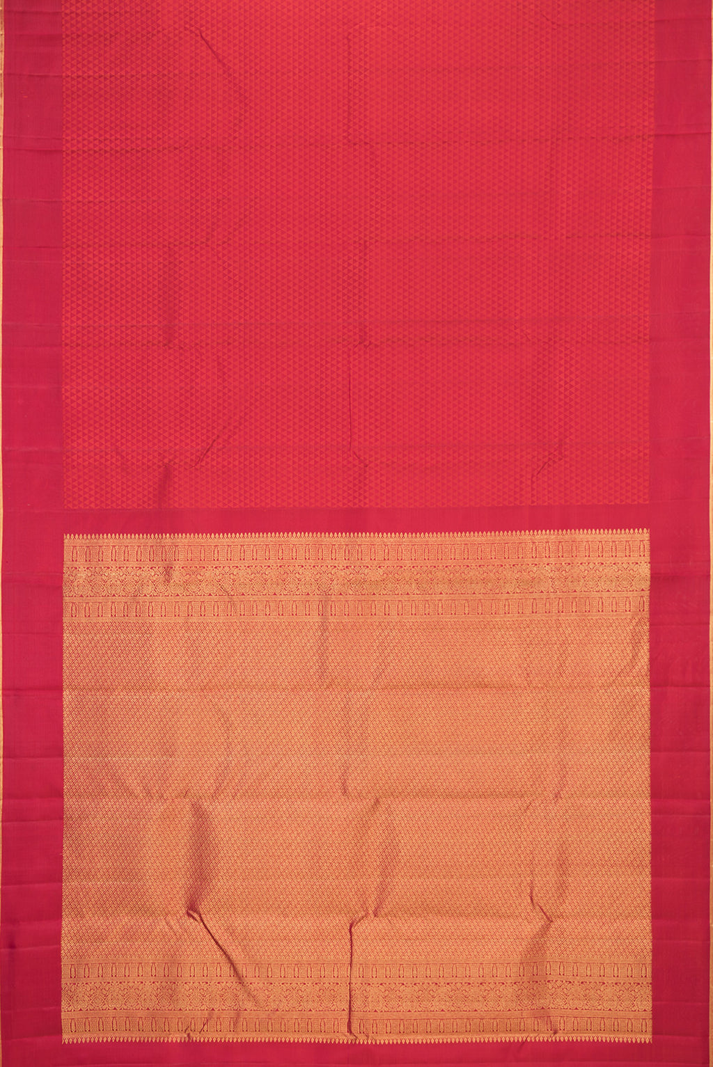 Flat view of Pure Silk Red Kanjivaram Saree with Jacquard design on the body and Zari Border. 