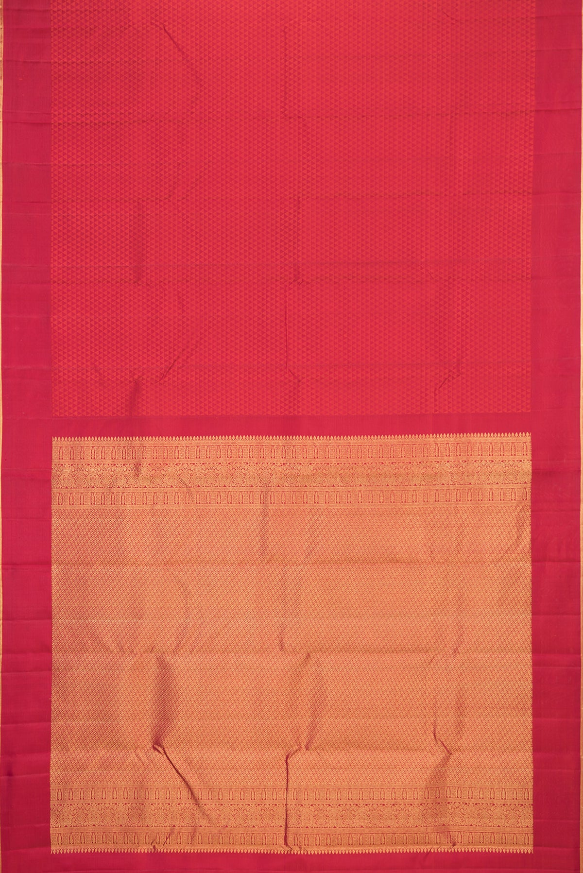 Flat view of Pure Silk Red Kanjivaram Saree with Jacquard design on the body and Zari Border. 