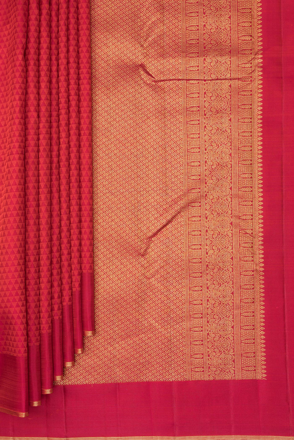 Pleats and pallu of Pure Silk Red Kanjivaram Saree with Jacquard design on the body and Zari Border. 