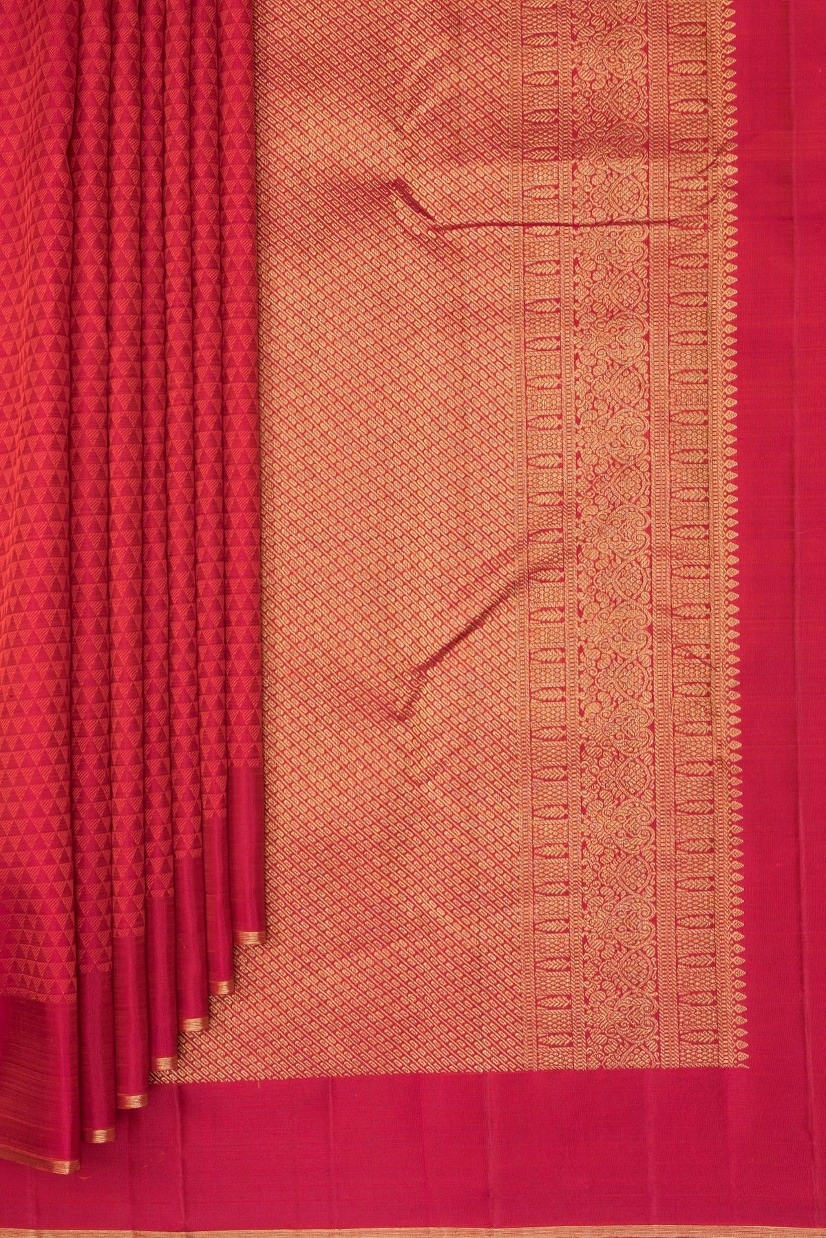 Pleats and pallu of Pure Silk Red Kanjivaram Saree with Jacquard design on the body and Zari Border. 