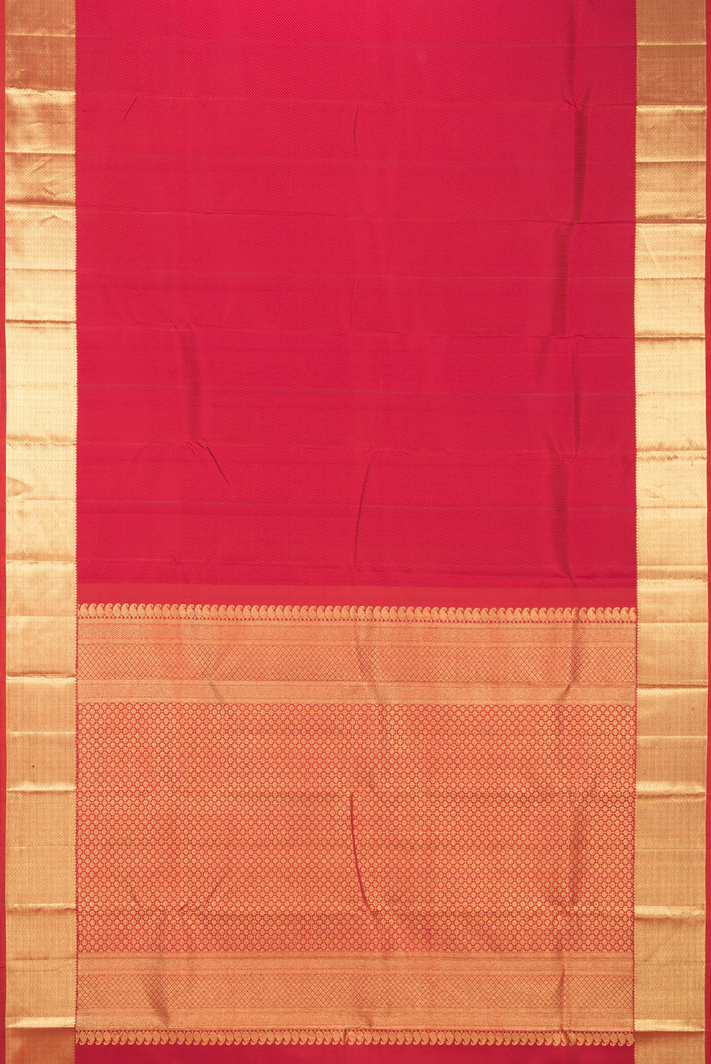 Flat view of Pure Silk Red Kanjivaram Saree with Jacquard design on the body and Zari Border. 