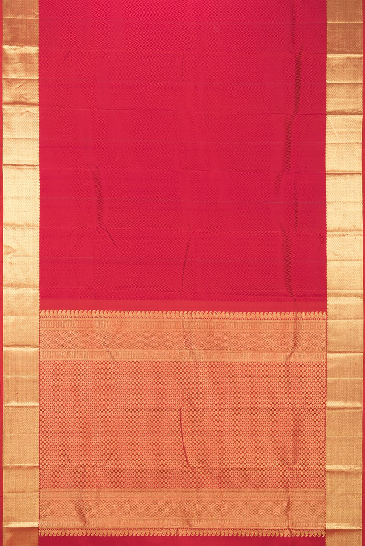 Flat view of Pure Silk Red Kanjivaram Saree with Jacquard design on the body and Zari Border. 