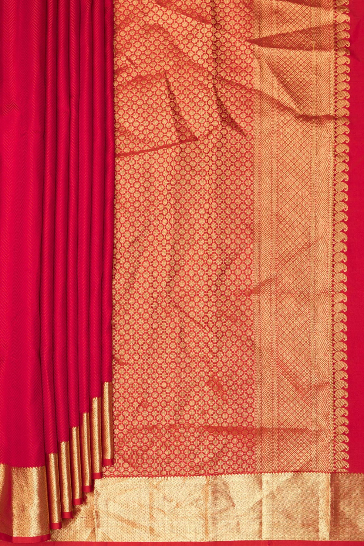 Pleats and pallu of Pure Silk Red Kanjivaram Saree with Jacquard design on the body and Zari Border. 