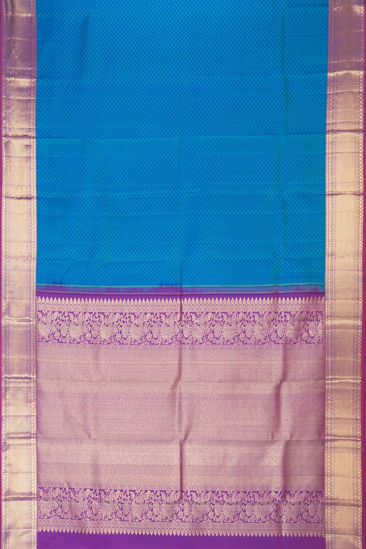 Flat view of Pure Silk Peacock Blue Dual Tone Kanjivaram Saree with Jacquard design on the body and Zari Border. 