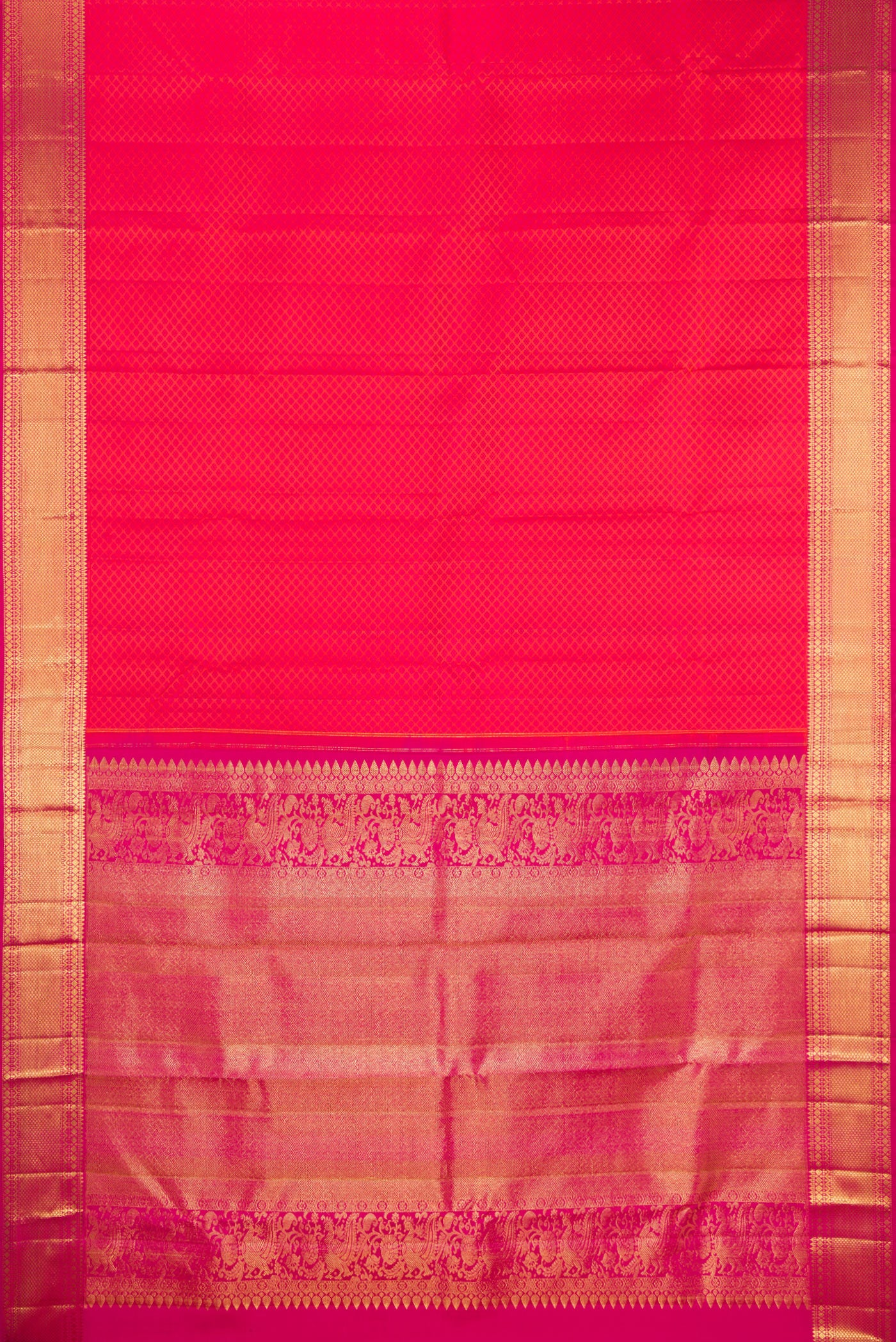 Flat view of Pink Dual Tone Kanjivaram Silk Saree with Jacquard design on the body and Zari Border. 