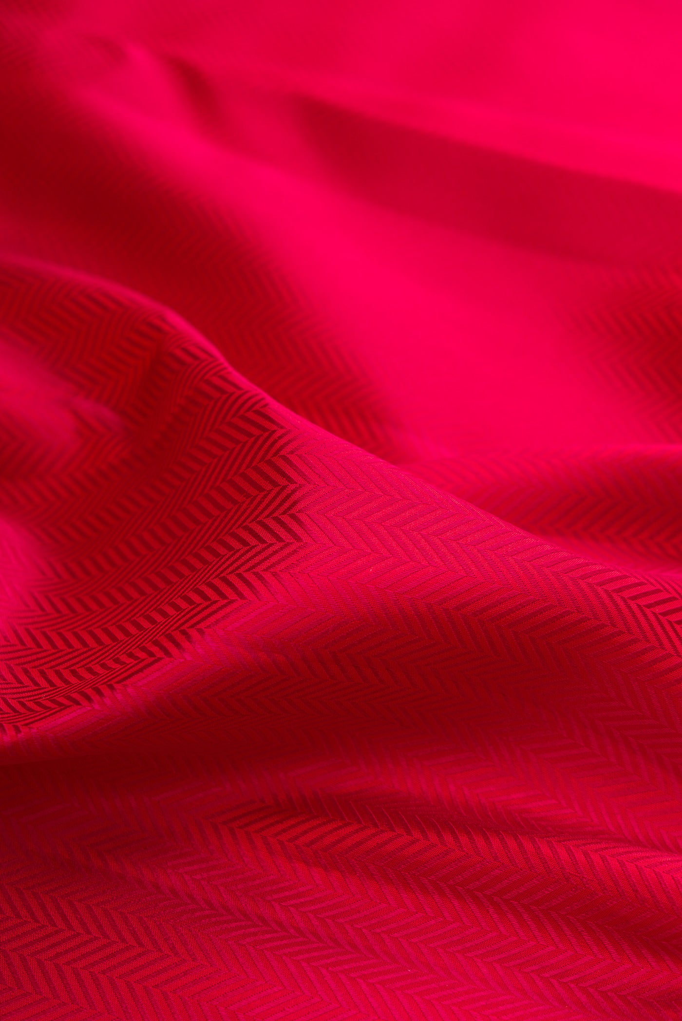Close up of Red Kanjivaram Silk Saree with Jacquard design on the body and Zari Border.  displaying folds