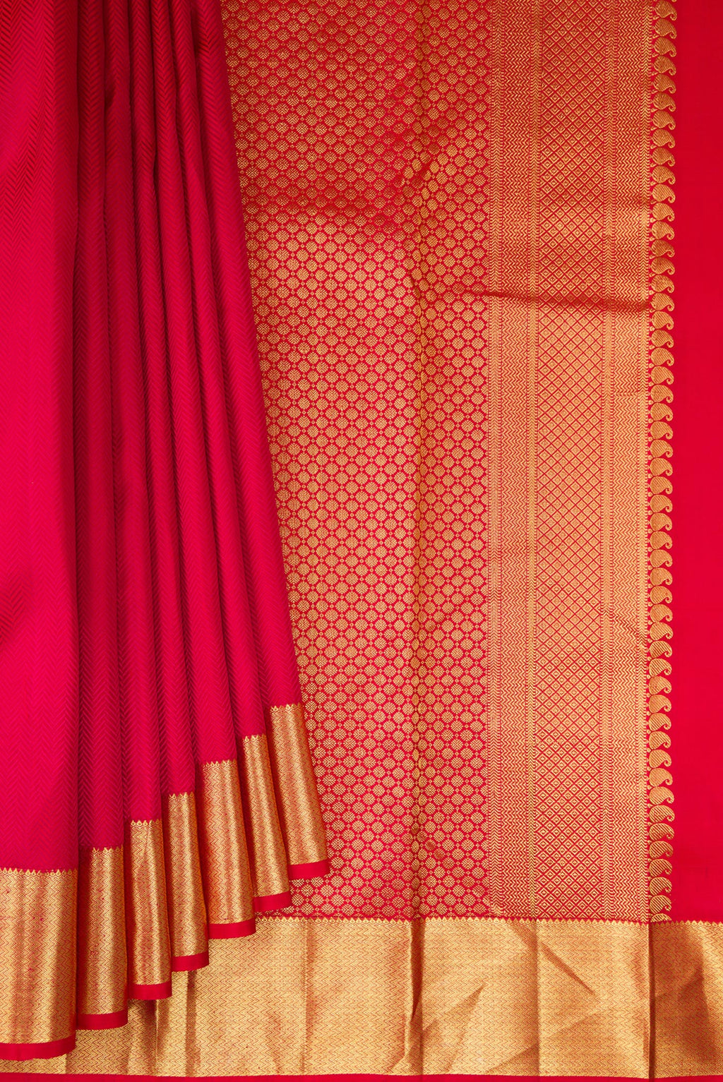 Pleats and pallu of Red Kanjivaram Silk Saree with Jacquard design on the body and Zari Border. 