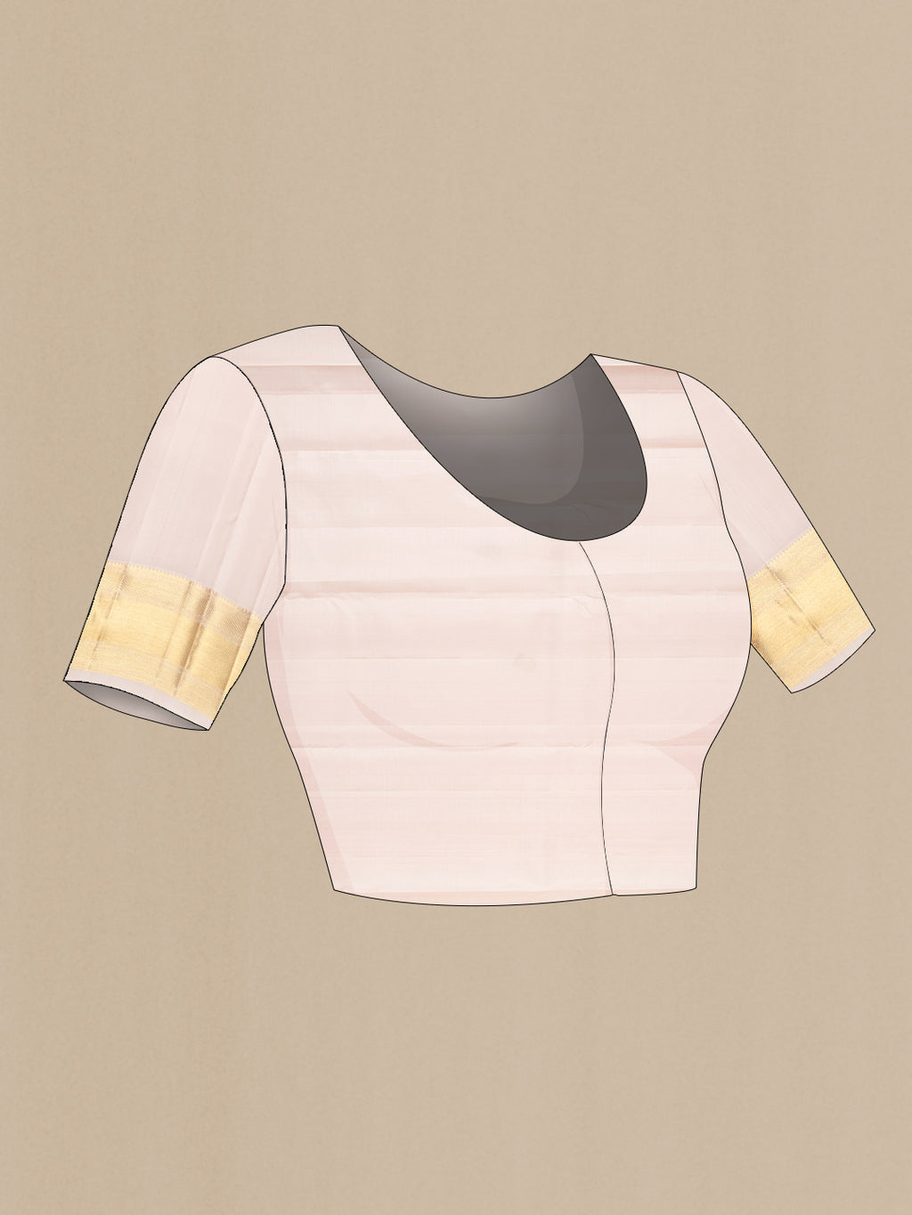 Close up image of the blouse of Rose Gold Kanjivaram Silk Saree with Jacquard design on the body and Zari Border. 