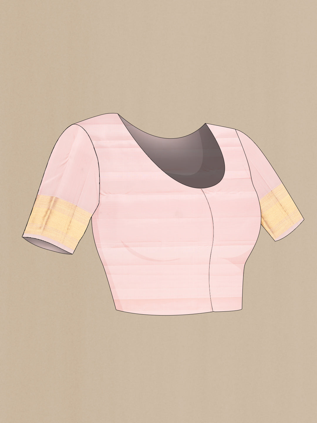 Close up image of the blouse of Rose pink Kanjivaram Silk Saree with Jacquard design on the body and Zari Border. 