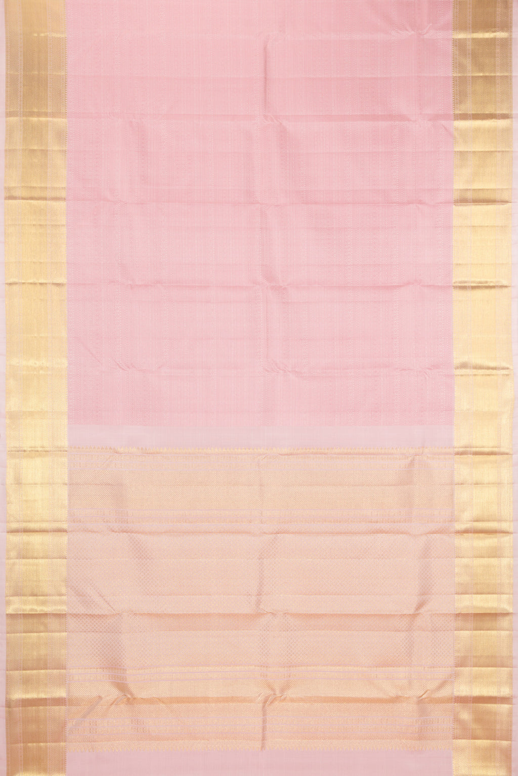 Flat view of Rose pink Kanjivaram Silk Saree with Jacquard design on the body and Zari Border. 