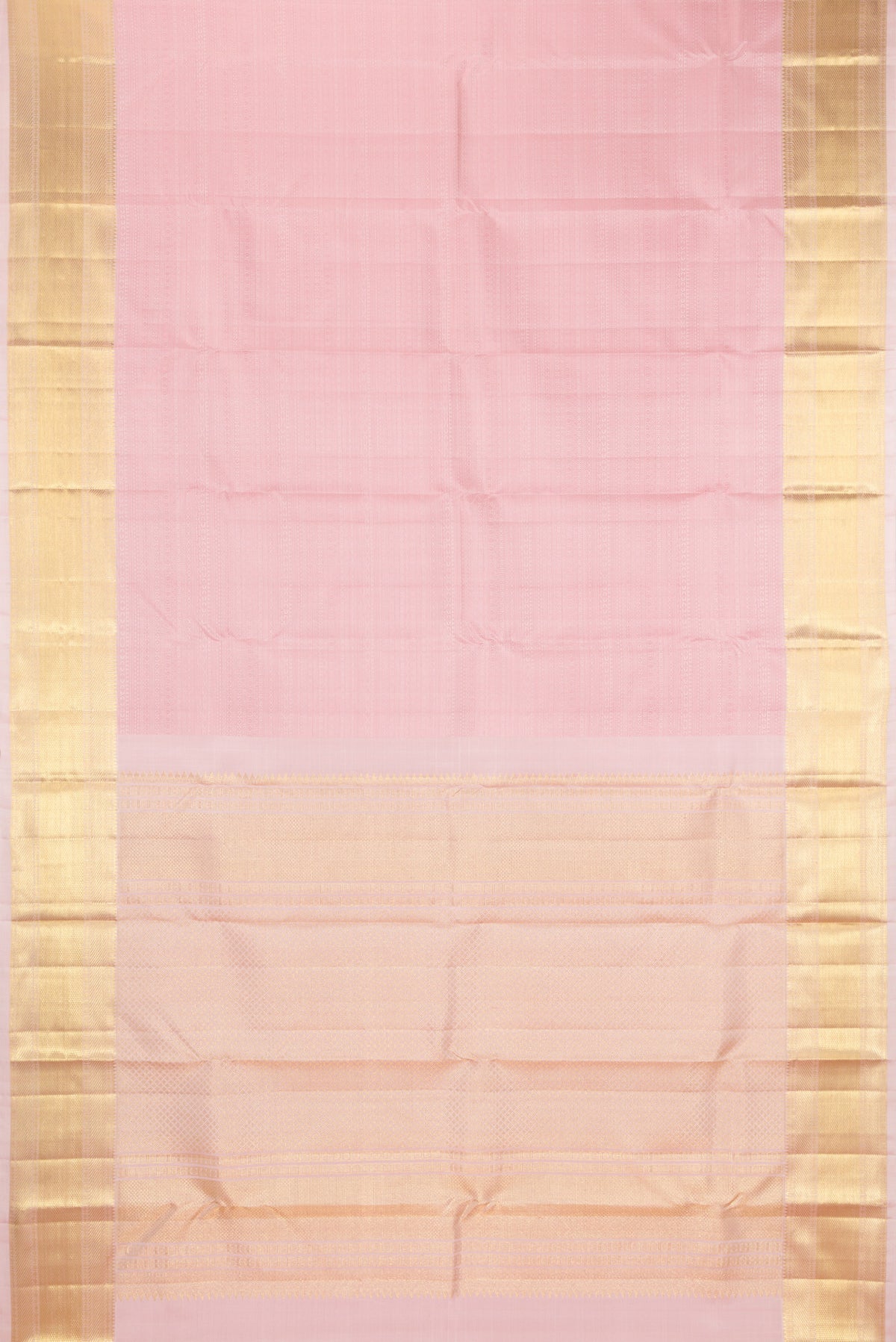 Flat view of Rose pink Kanjivaram Silk Saree with Jacquard design on the body and Zari Border. 