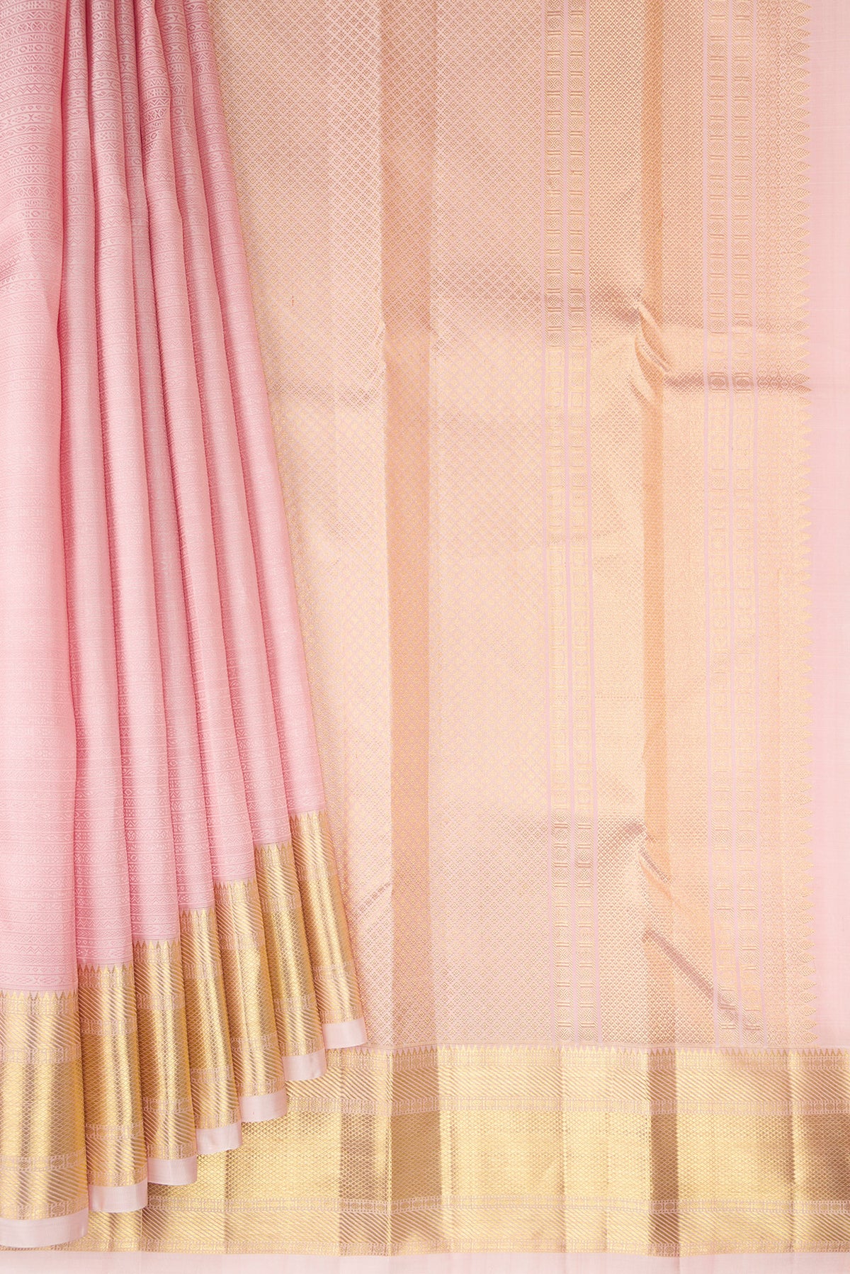 Pleats and pallu of Rose pink Kanjivaram Silk Saree with Jacquard design on the body and Zari Border. 