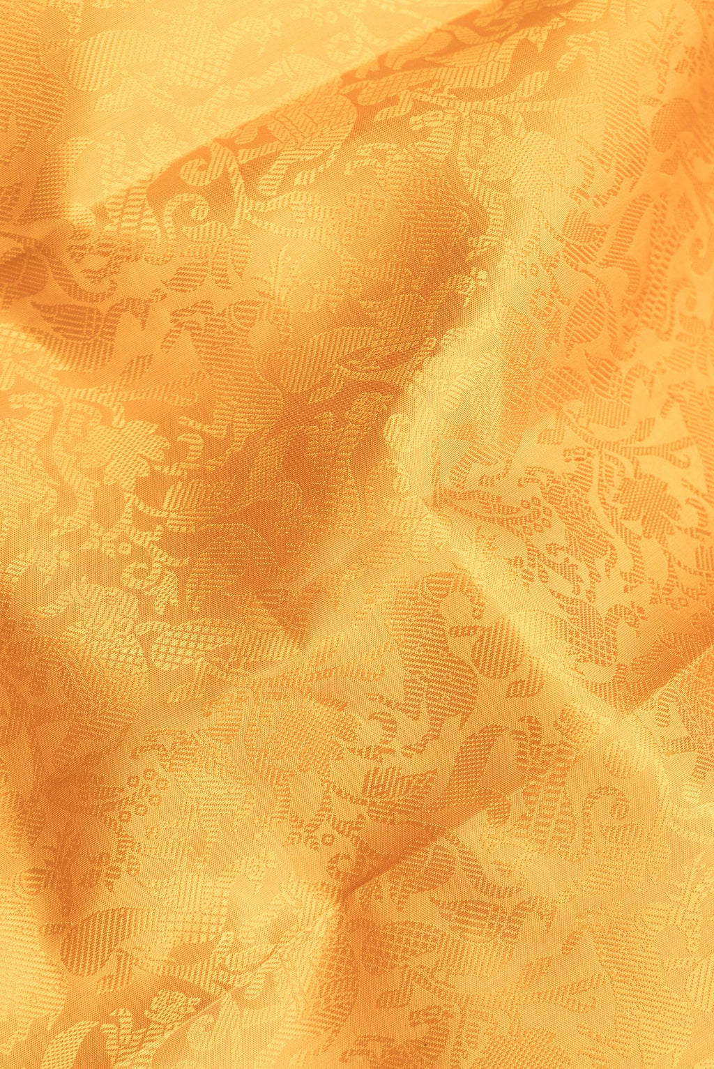 Close up of Pure Silk Mustard Dual Tone Kanjivaram Saree with Jacquard design on the body and Zari Border.  displaying folds