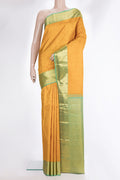 Pure Silk Mustard Dual Tone Kanjivaram Saree with Jacquard design on the body and Zari Border.  displayed on a mannequin