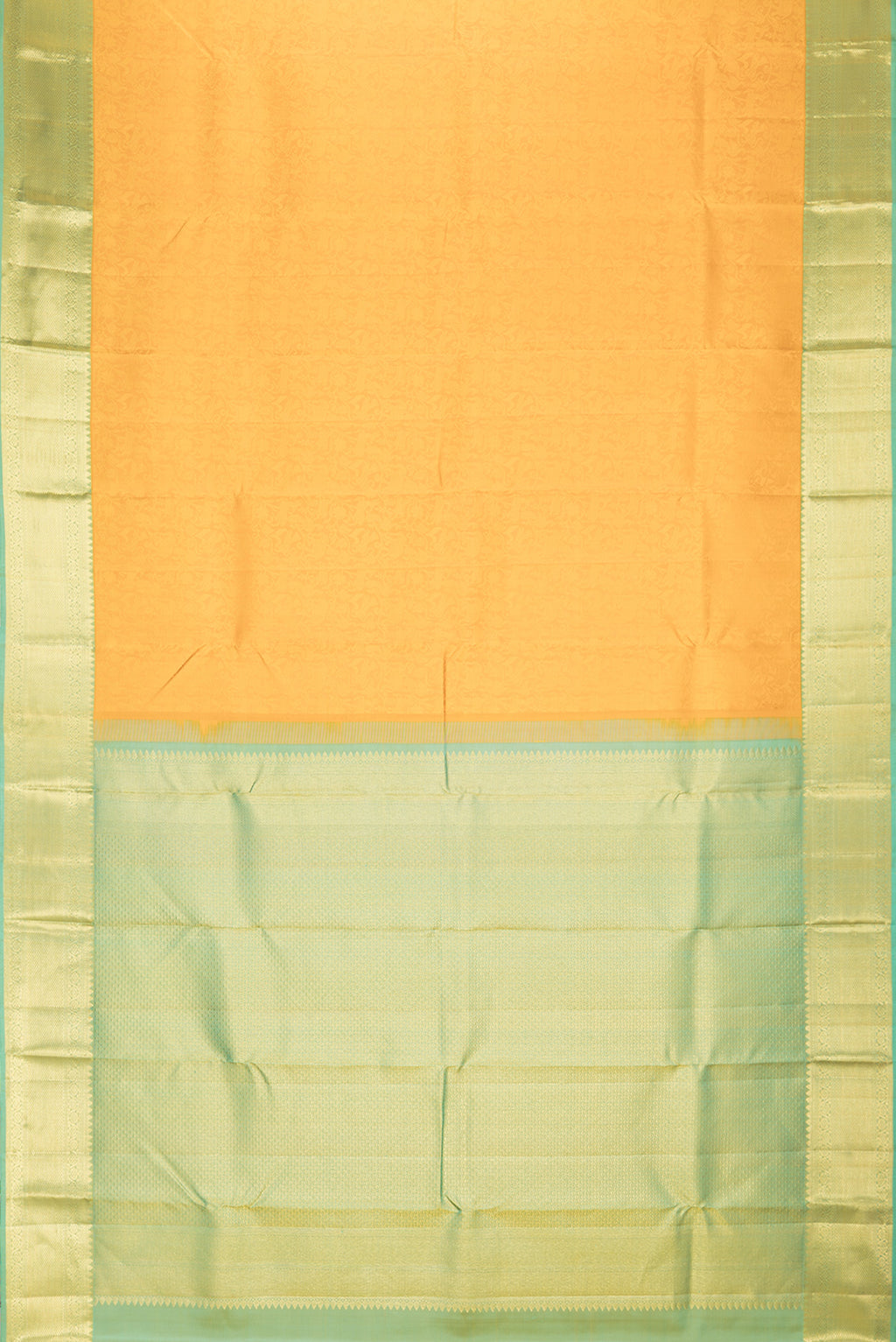 Flat view of Pure Silk Mustard Dual Tone Kanjivaram Saree with Jacquard design on the body and Zari Border. 