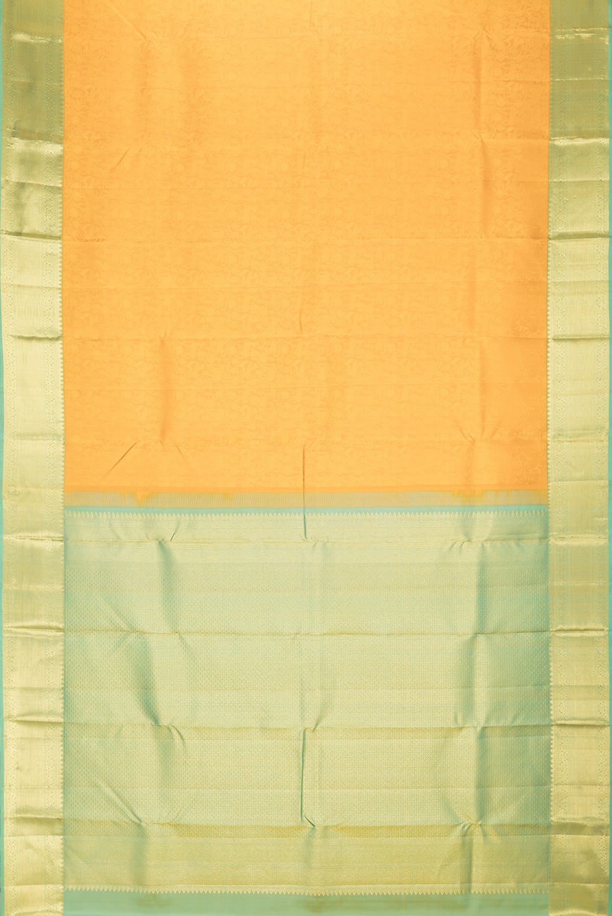 Flat view of Pure Silk Mustard Dual Tone Kanjivaram Saree with Jacquard design on the body and Zari Border. 