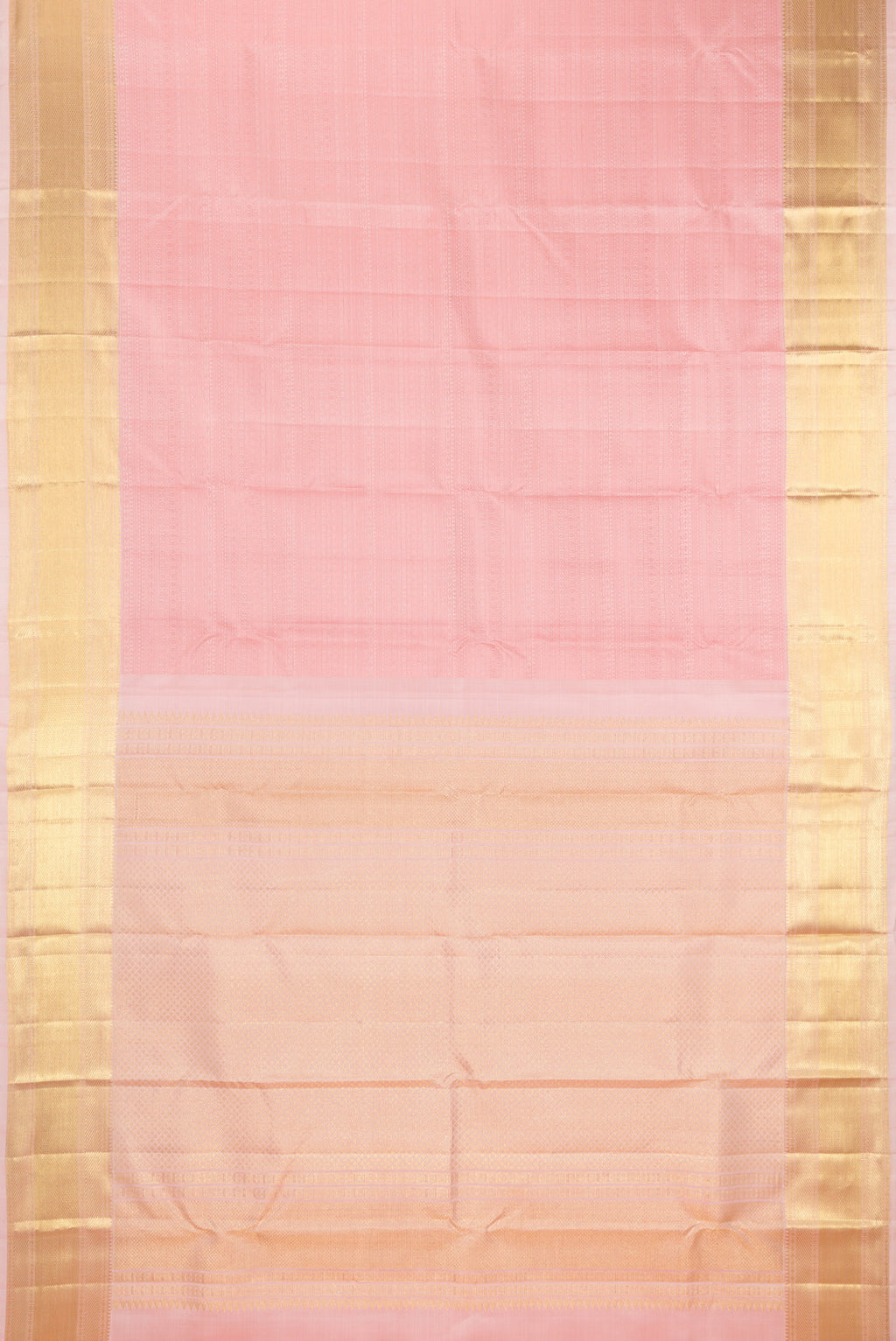Flat view of Golden Peach Kanjivaram Silk Saree with Jacquard design on the body and Zari Border. 