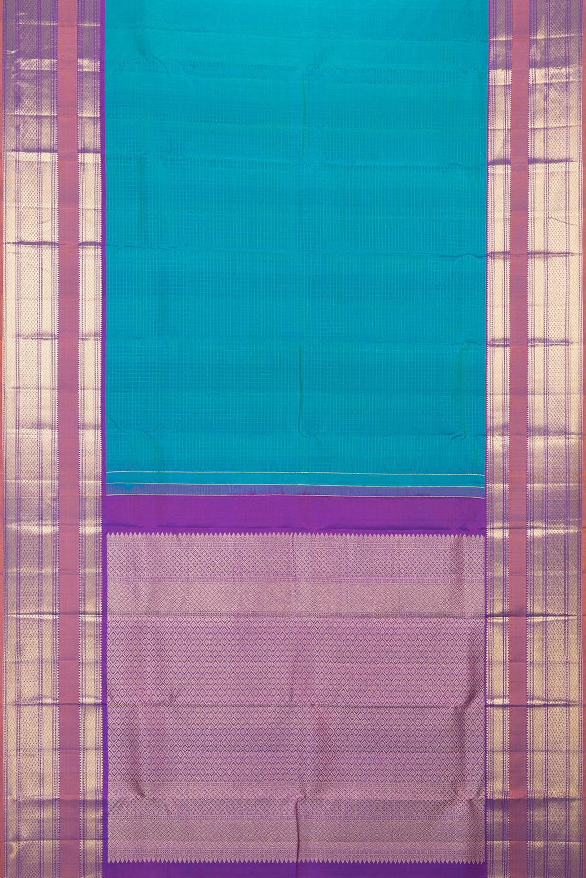 Flat view of Pure Silk Peacock Blue Dual Tone Kanchipuram Saree with Checked design on the body and Zari Border. 