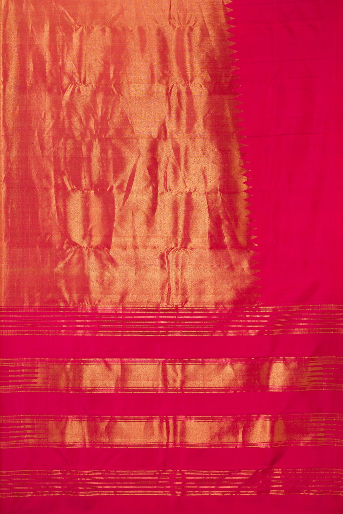 Flat view of Pure Silk Pink Kanjivaram Saree with Plain Body and Rising Temple Border. 