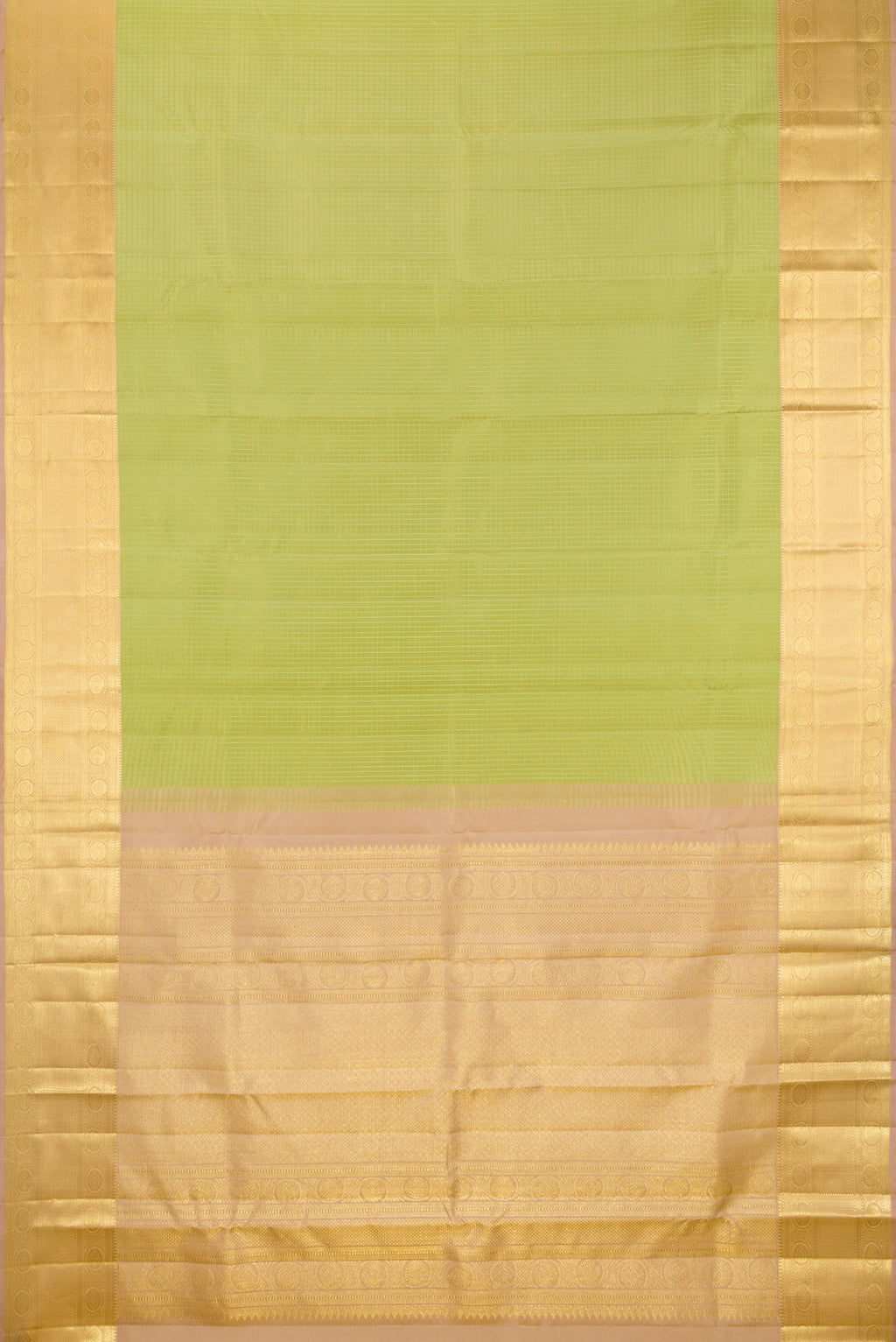 Flat view of Pure Silk Pista Green Kanchipuram Saree with Checked design on the body and Zari Border. 