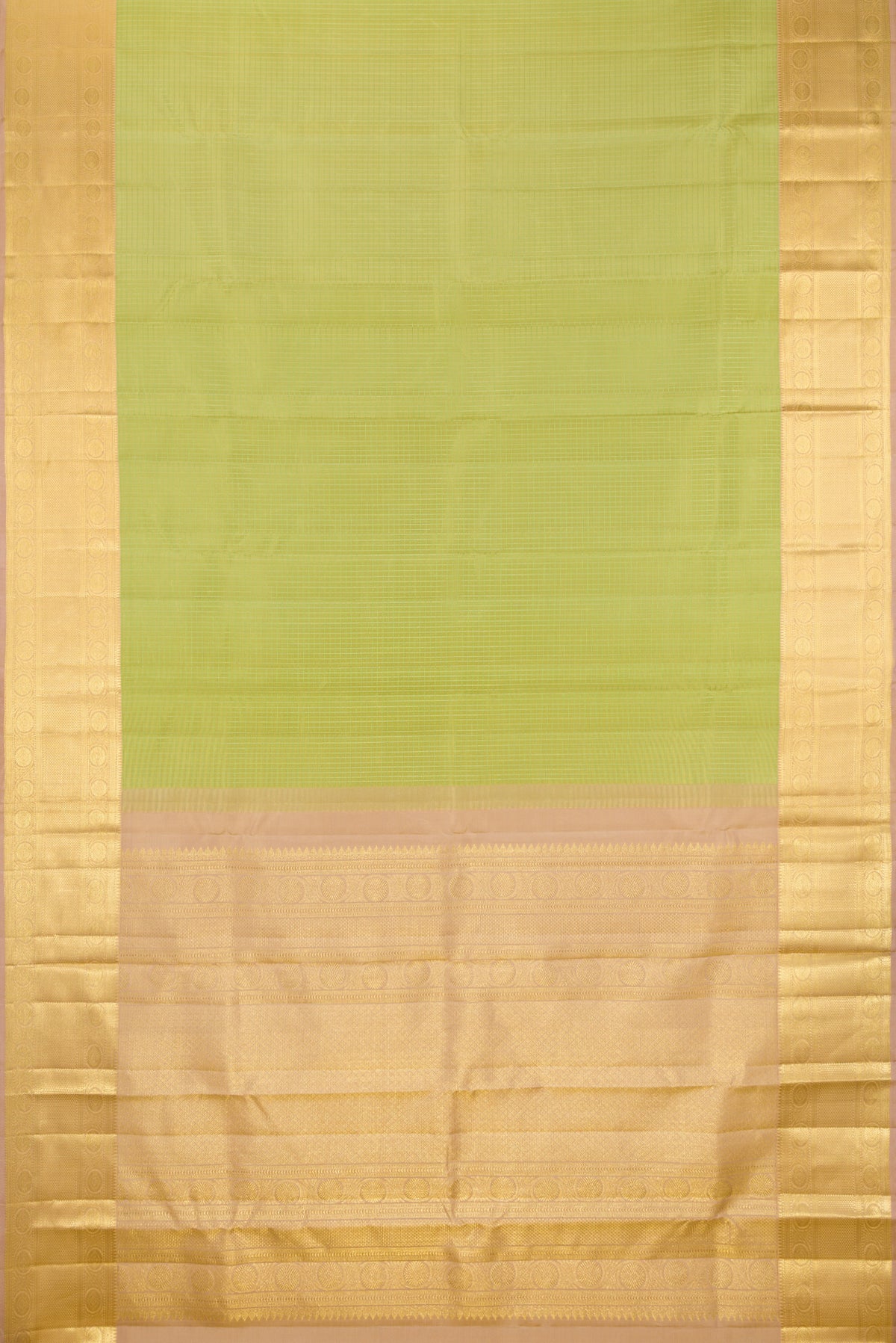 Flat view of Pure Silk Pista Green Kanchipuram Saree with Checked design on the body and Zari Border. 