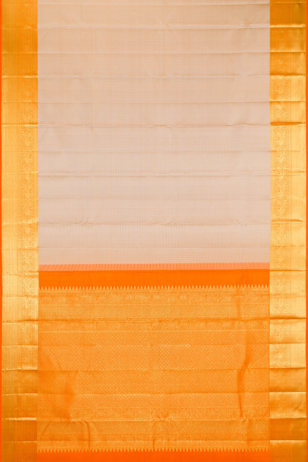 Flat view of Pure Silk Beige Kanchipuram Saree with Checked design on the body and Zari Border. 
