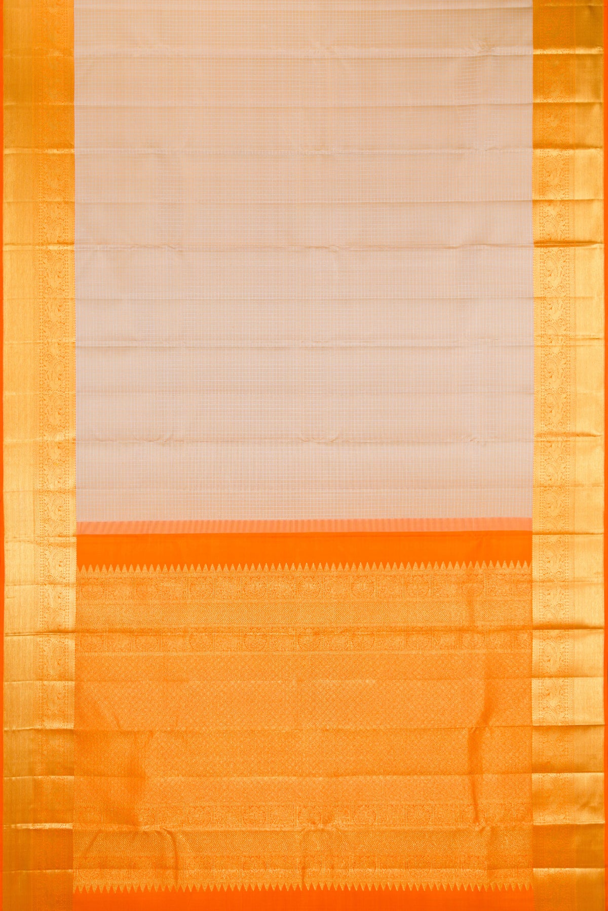 Flat view of Pure Silk Beige Kanchipuram Saree with Checked design on the body and Zari Border. 
