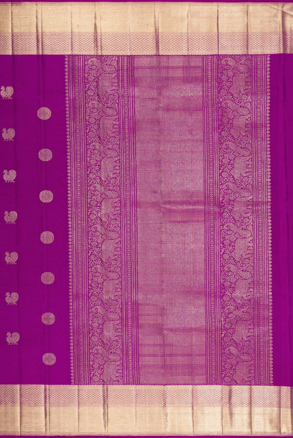 Close up image of the pallu of Pure Silk Purple Kanjivaram Saree with Zari Butta on the body and Zari Border. 