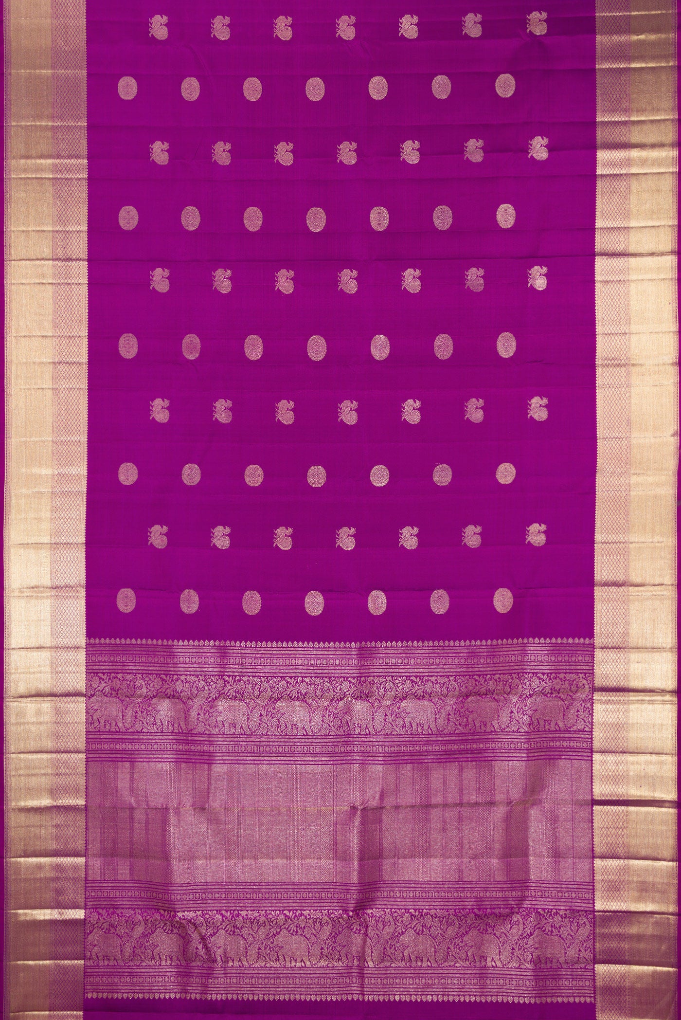 Flat view of Pure Silk Purple Kanjivaram Saree with Zari Butta on the body and Zari Border. 