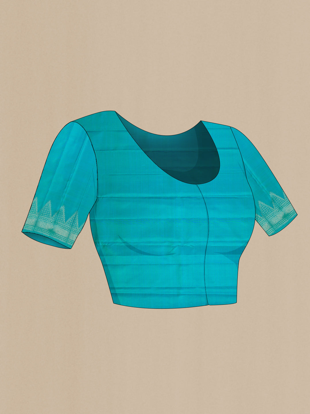 Close up image of the blouse of Pure Silk Peacock Blue Kanchipuram Saree with Zari Butta on the body and Temple Border. 