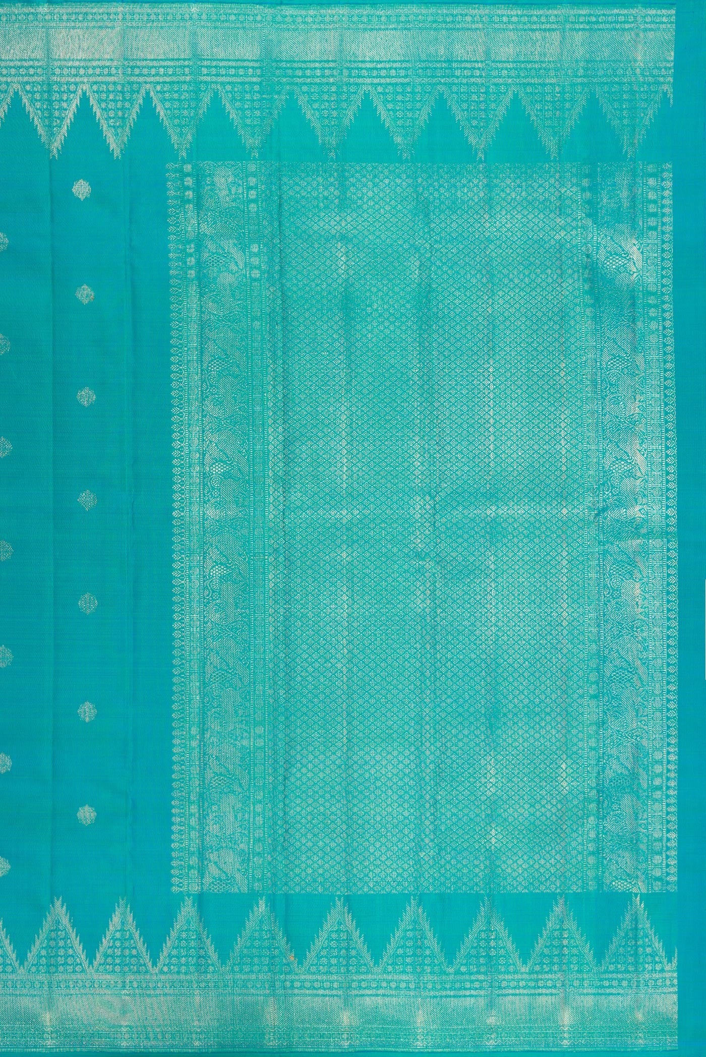 Close up image of the pallu of Pure Silk Peacock Blue Kanchipuram Saree with Zari Butta on the body and Temple Border. 